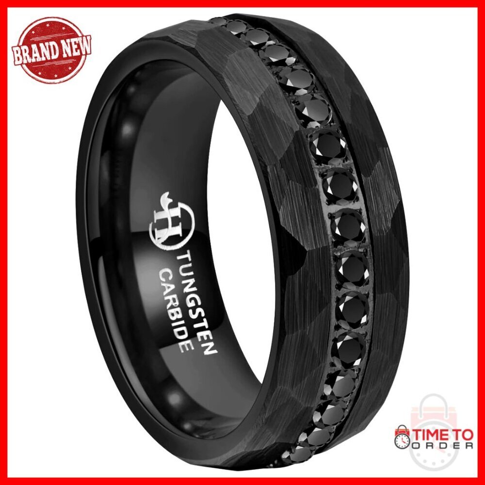 Tungsten Wedding Band Men's Ring 5.5 Size CZ Zircon Inlay Hammered Edge